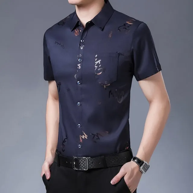 New Men Shirt High Quality Silk Print Summer Short sleeve Casual Shirts Men Slim Fit Camisa Masculina  C749