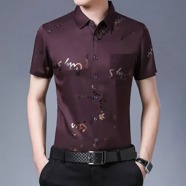 New Men Shirt High Quality Silk Print Summer Short sleeve Casual Shirts Men Slim Fit Camisa Masculina  C749