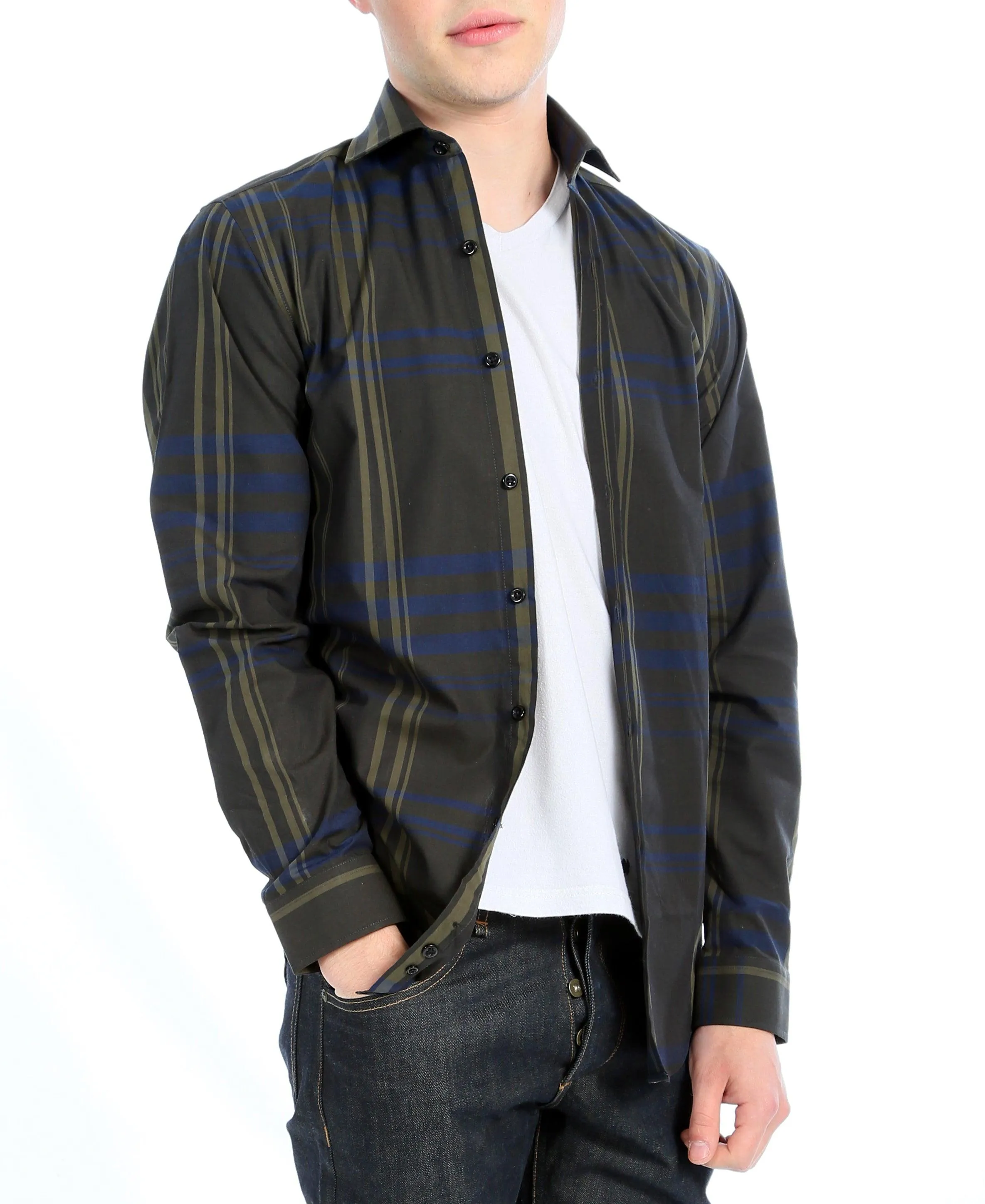 Olive Striped Slim Fit Casual Shirt - Jasper