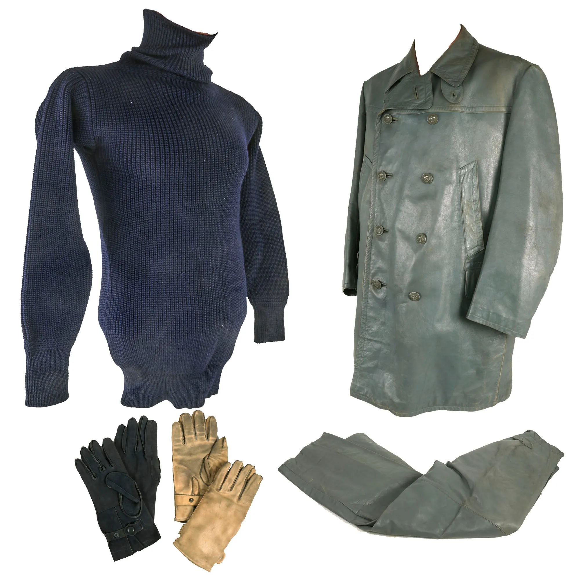 Original German WWII 1943 Dated Kriegsmarine U-Boat Double Breasted Leather Deck Jacket and Trousers Set with 2 Pairs of Gloves & Blue Sweater