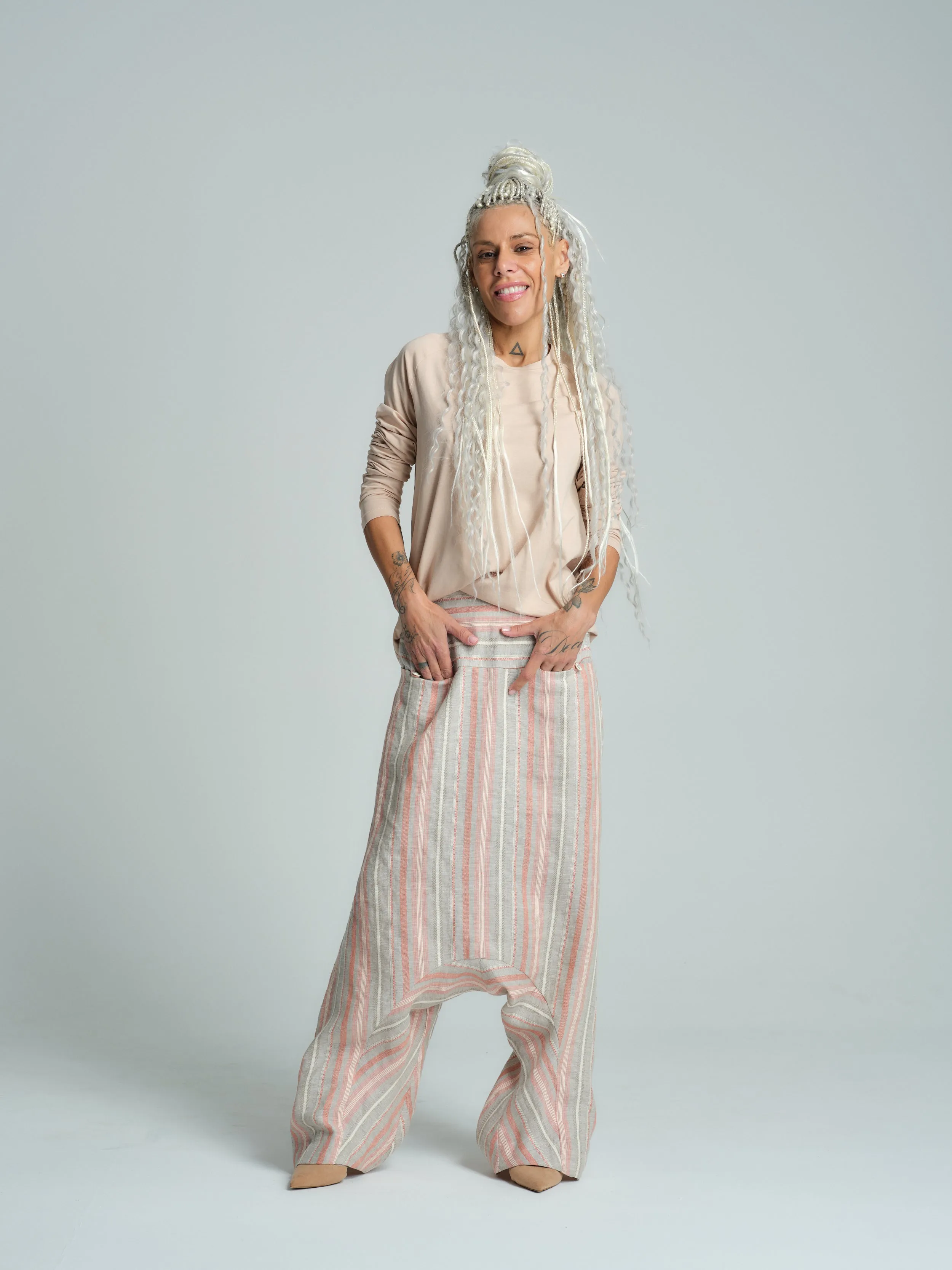 Мulticolor Striped Linen-Blend Harem Pants