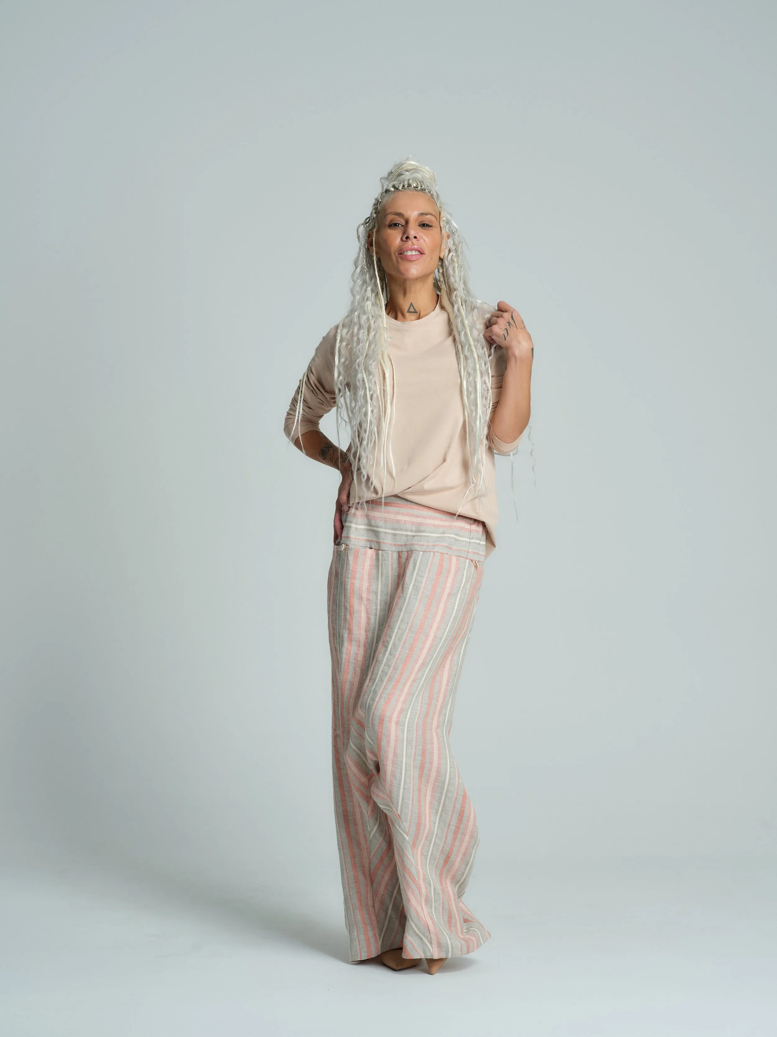 Мulticolor Striped Linen-Blend Harem Pants