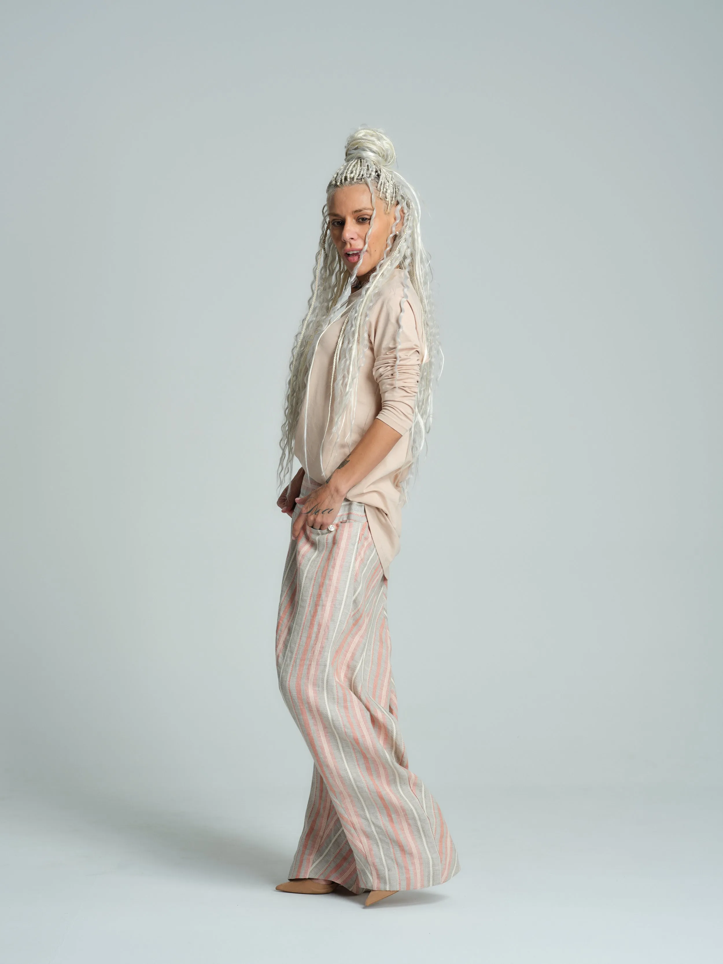 Мulticolor Striped Linen-Blend Harem Pants