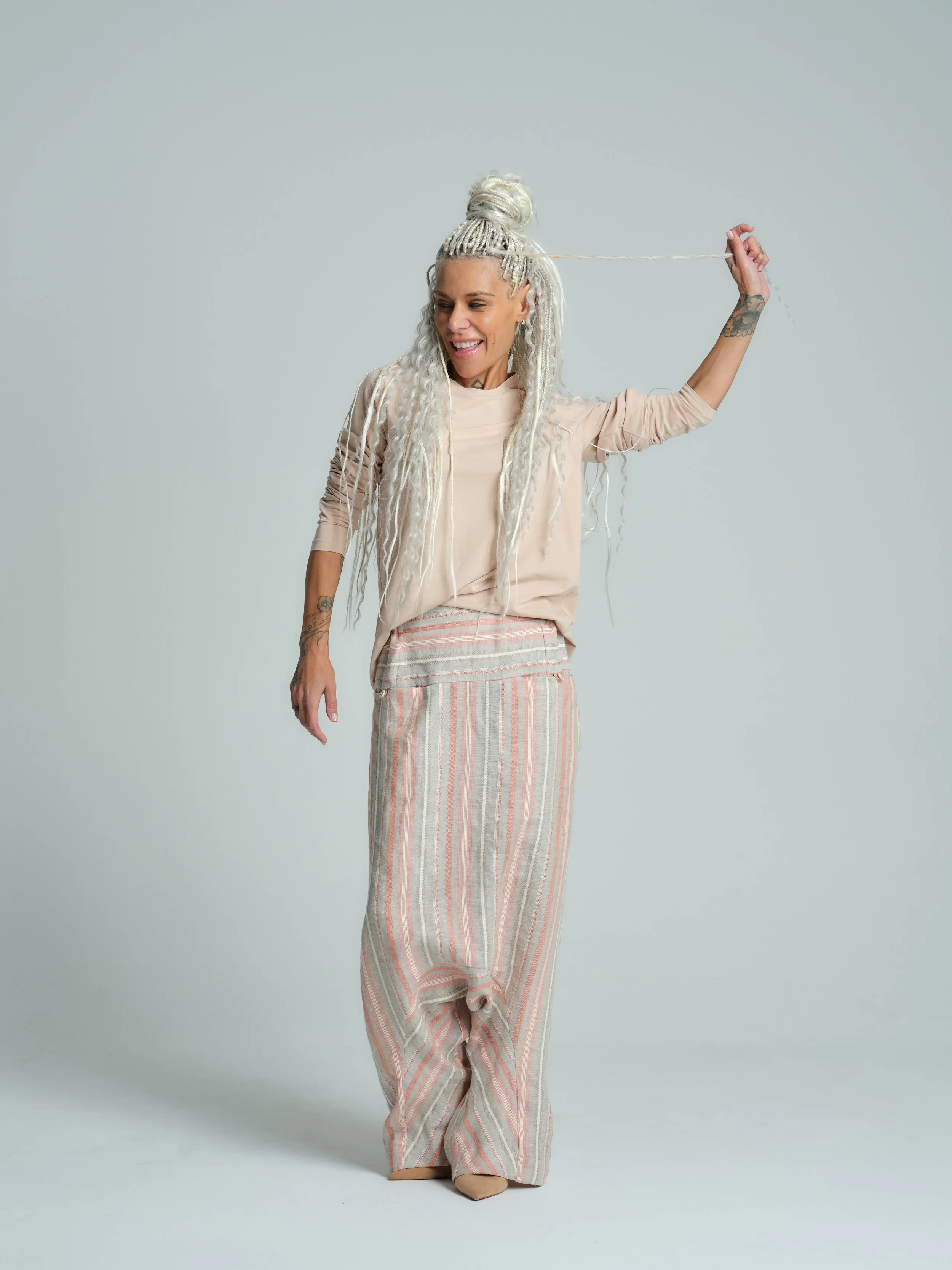 Мulticolor Striped Linen-Blend Harem Pants