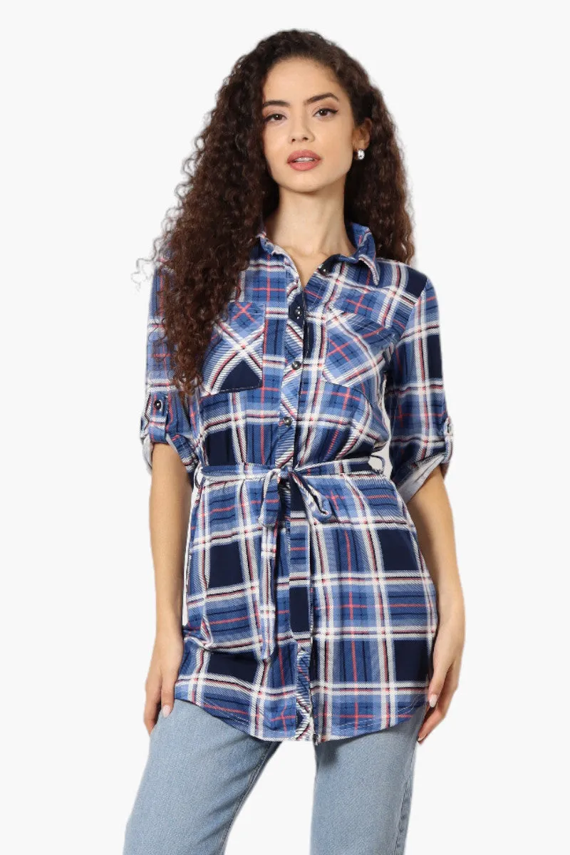 Urbanology Belted Striped Button Down Shirt - Blue