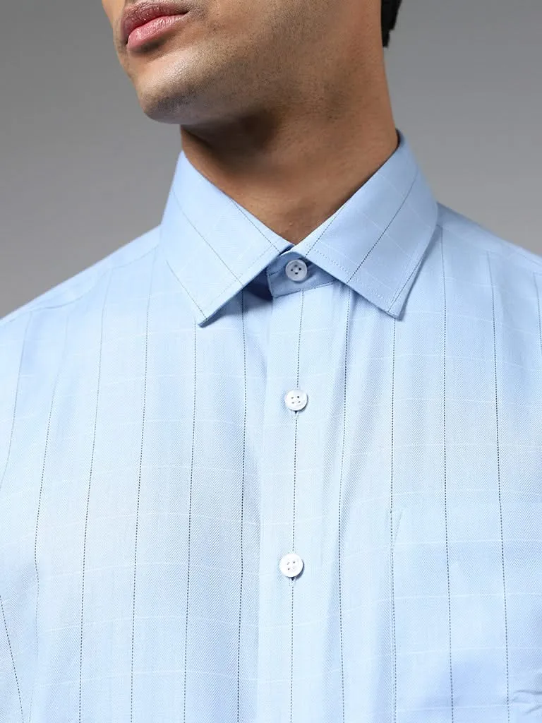 WES Formals Light Blue Graph Checked Cotton Relaxed-Fit Shirt