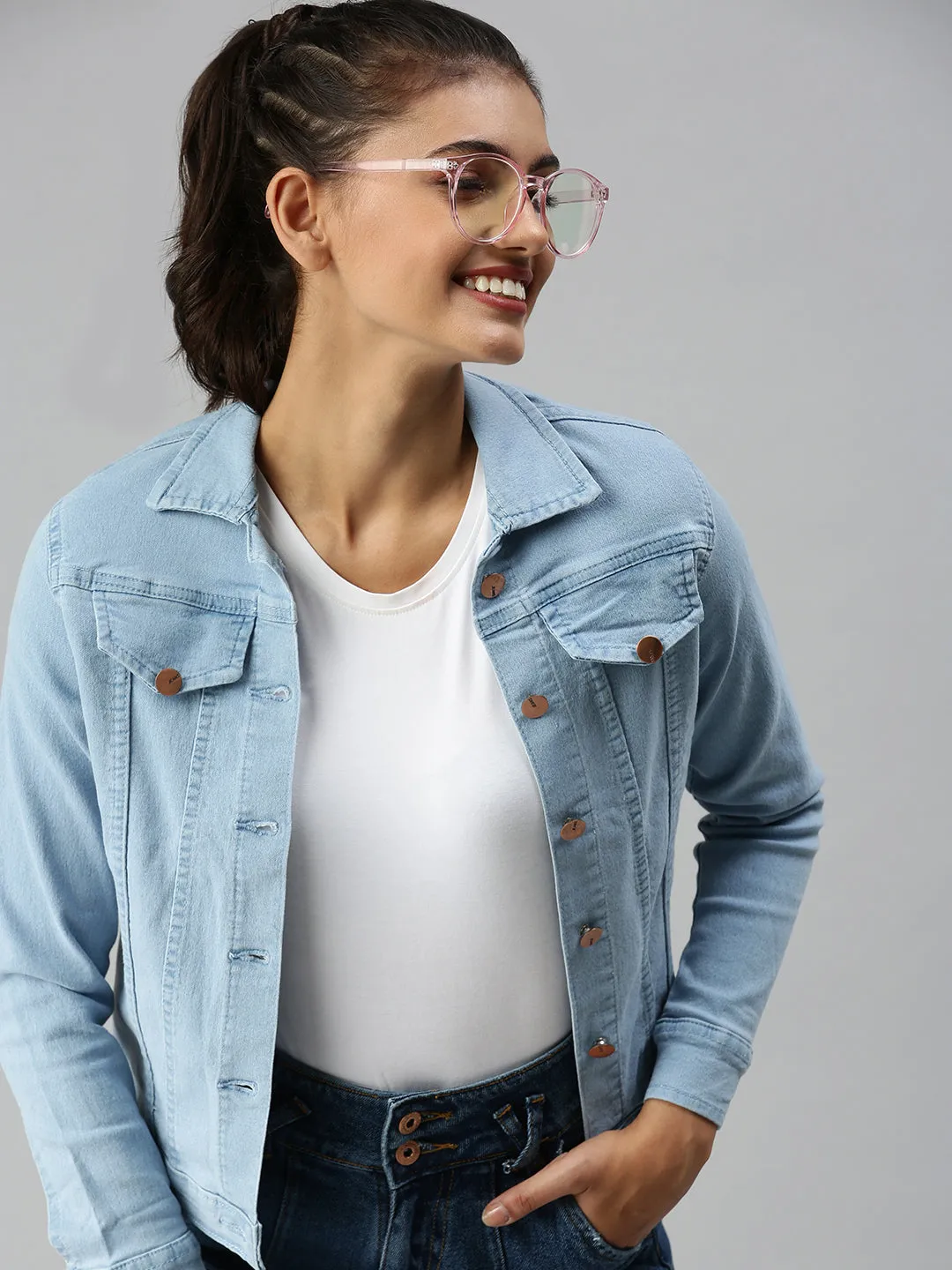 Women's Blue Solid Denim Jacket Jackets